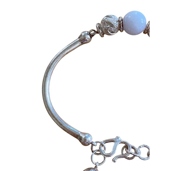 Sterling Silver Bracelet With White Bead & Ball Charms Adjustable Hook Closure - Picture 5 of 7